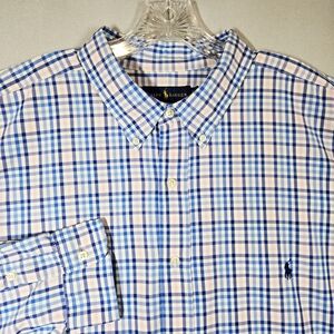 Polo Ralph Lauren Men's 3XLT Performance Nylon Button Down Shirt Blue Pink Plaid